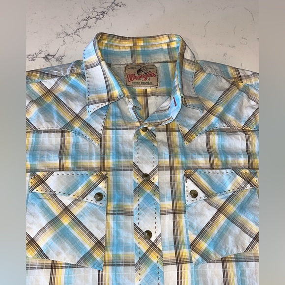 Vintage Wrangler Pearl Snap Cowboy Western Short Sleeve Men's Small Blue White - Picture 1 of 3